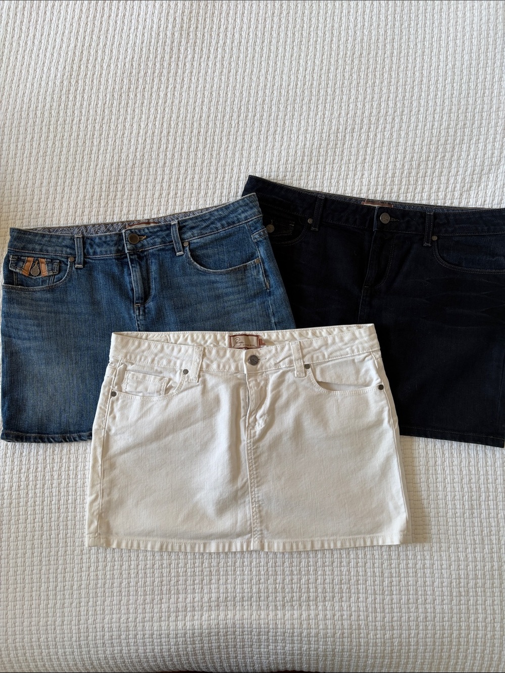 PAIGE Trio Denim Mini Skirts in White, Classic denim blue and dark blue